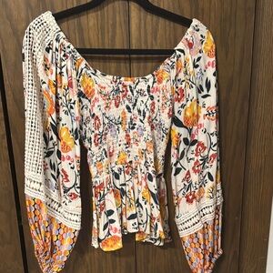 Angie White and Orange Smocked Peplum Blouse